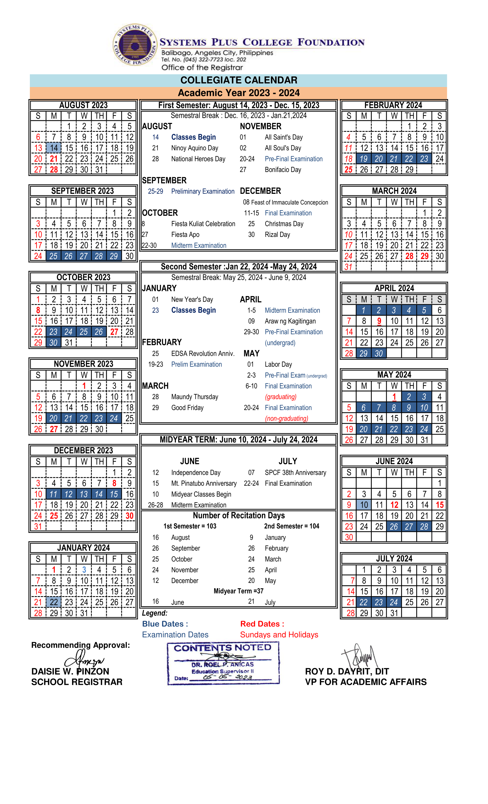 Collegiate Calendar A.Y 20232024 Systems Plus College Foundation